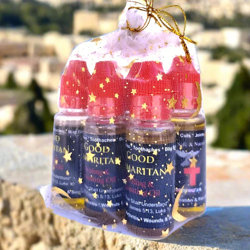 Packaged product with visible branding good Samaritan oil against a blurred natural background