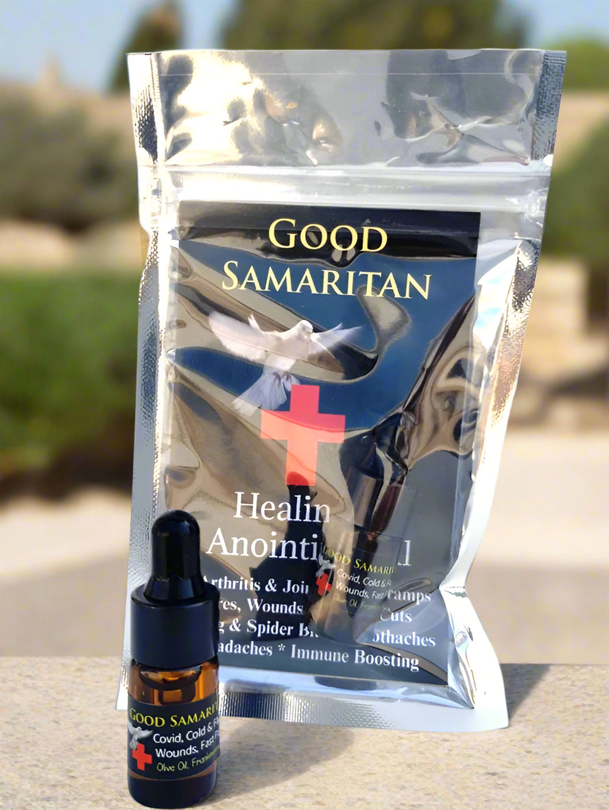 Biblical Healing oils like the Good Samaritan travel size 3ml glass dropper bottle.