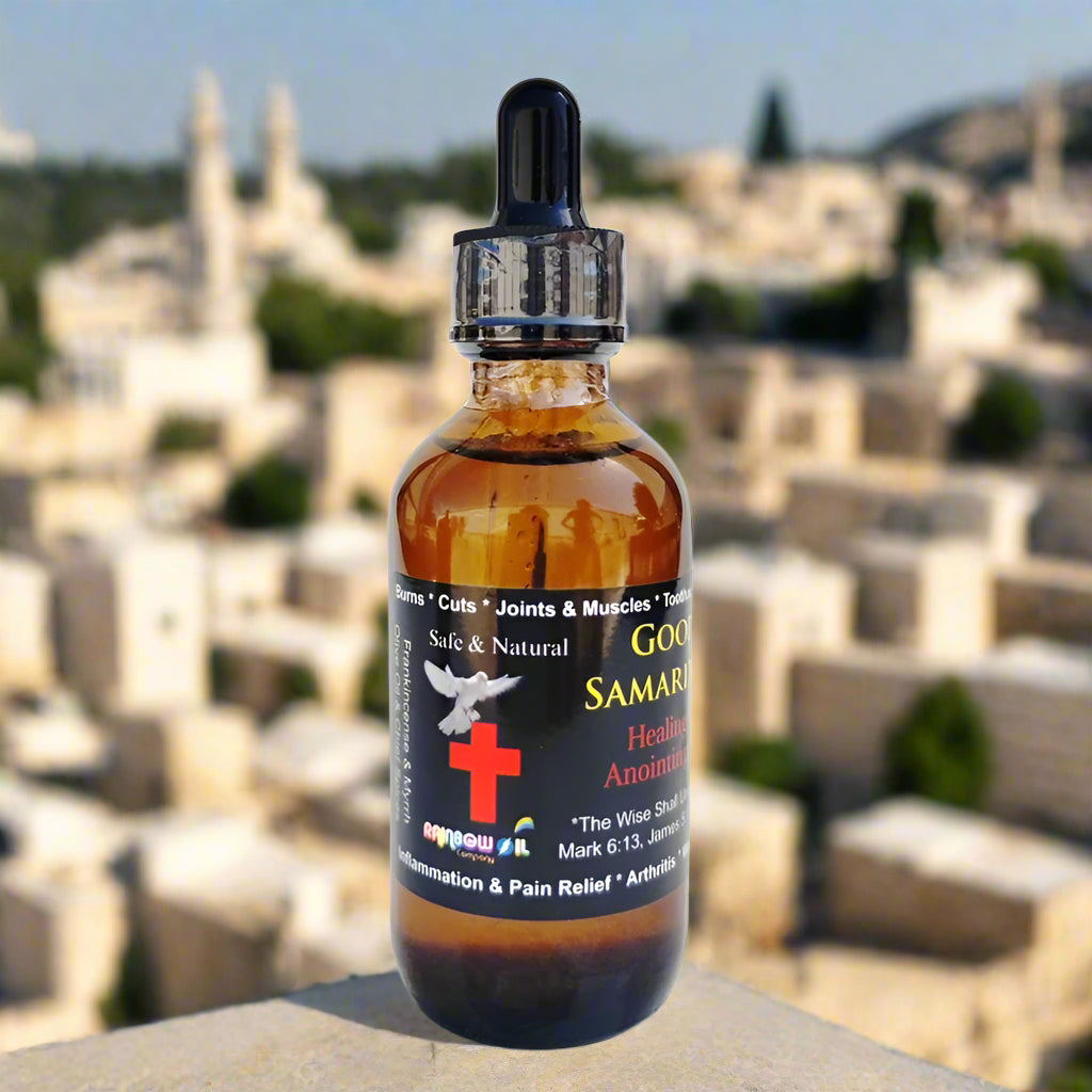 Essential oils are a part of the blend of the Good Samaritan oil 60ml glass dropper bottle.