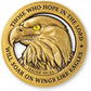 Gold coin with an eagle design and motivational text on a white background