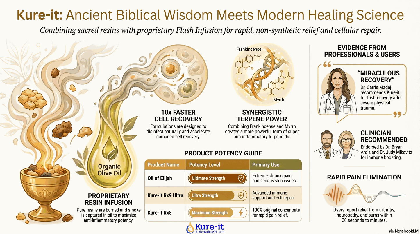 Advertisement for Kure-it product highlighting ancient biblical wisdom and modern healing science.