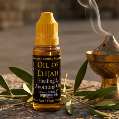 Oil of Elijah displayed on a stone surrounded by olives and an incense burner burning frankincense and Murray was smoke rising in Jerusalem