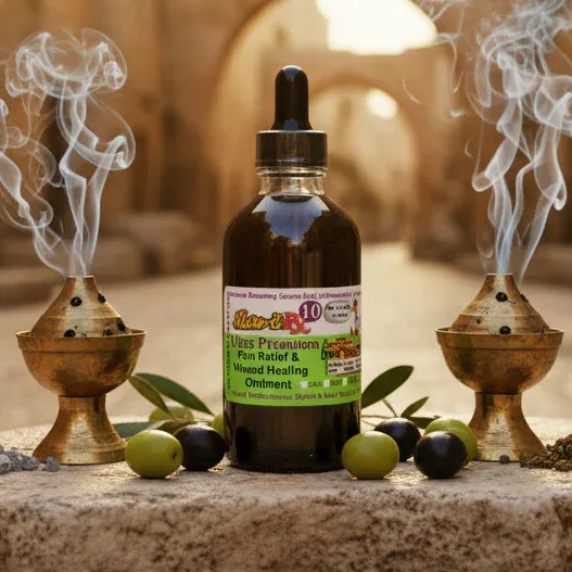 Bottle of healing ointment with a label, surrounded by smoking incense burners and olives on a textured surface.