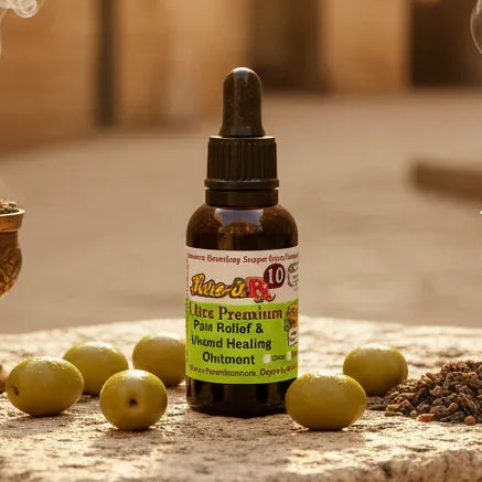 Bottle of Kure it Rx10 Bible Anointing oil for healing prayer with green label on a wooden surface with olives.