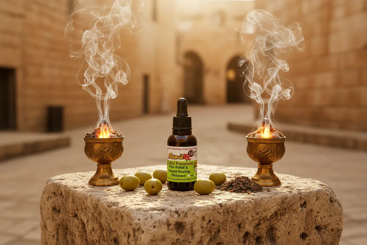 Rx10 Ultra Biblical Healing Oil for anointing with frankincense and myrrh burning on either side