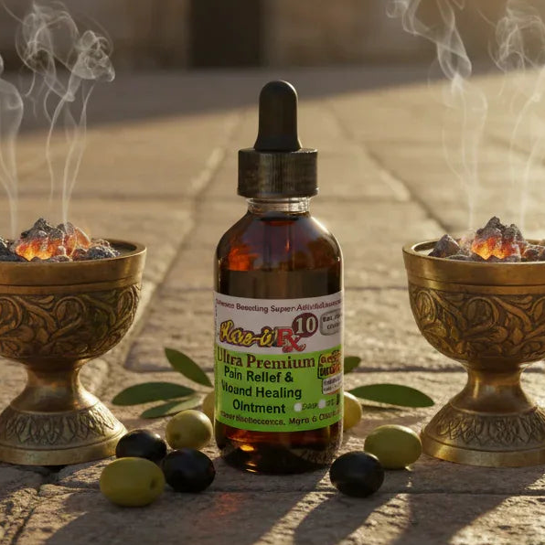 Bottle of Rx10 Ultra Premium Pain Relief & Wound Healing Ointment with smoking bowls and leaves on a stone surface.