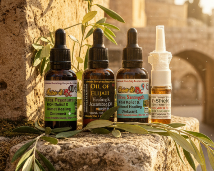 Three herbal supplement dropper bottles and a nasal spray bottle displayed on a stone ledge outdoors, with olive branches and a sunlit stone pathway in the background.