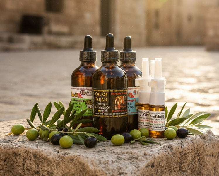 A set of amber glass dropper bottles and clear spray bottles with black caps, including a large central bottle labeled 'Oil of Elijah Healing & Anointing Oil' and smaller bottles labeled 'V-Shield' and 'V-Shield Nasal Drop'.