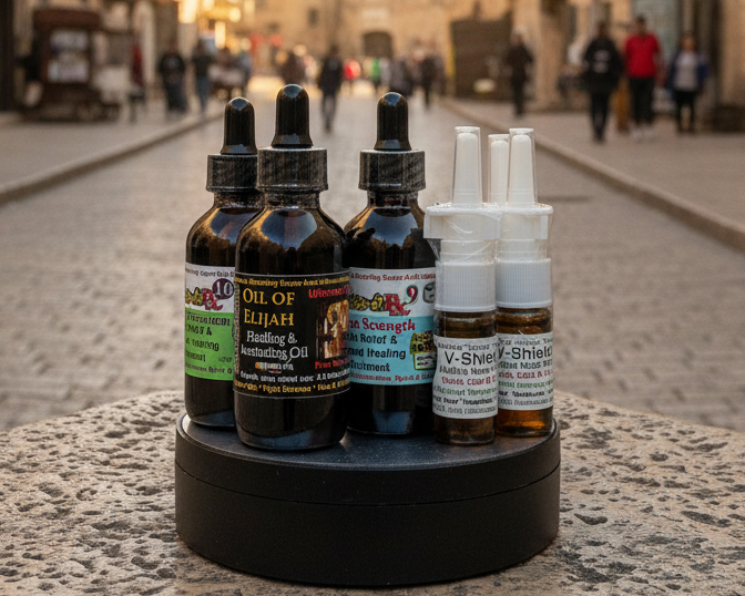 A set of herbal oil dropper bottles and nasal spray vials arranged on a round black stand against a plain white background. The bottles are dark amber glass with black caps, and the vials on the right have clear caps and white labels.