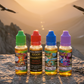 Five bottles of Good Samaritan oil on a mountain ledge with a sunset background