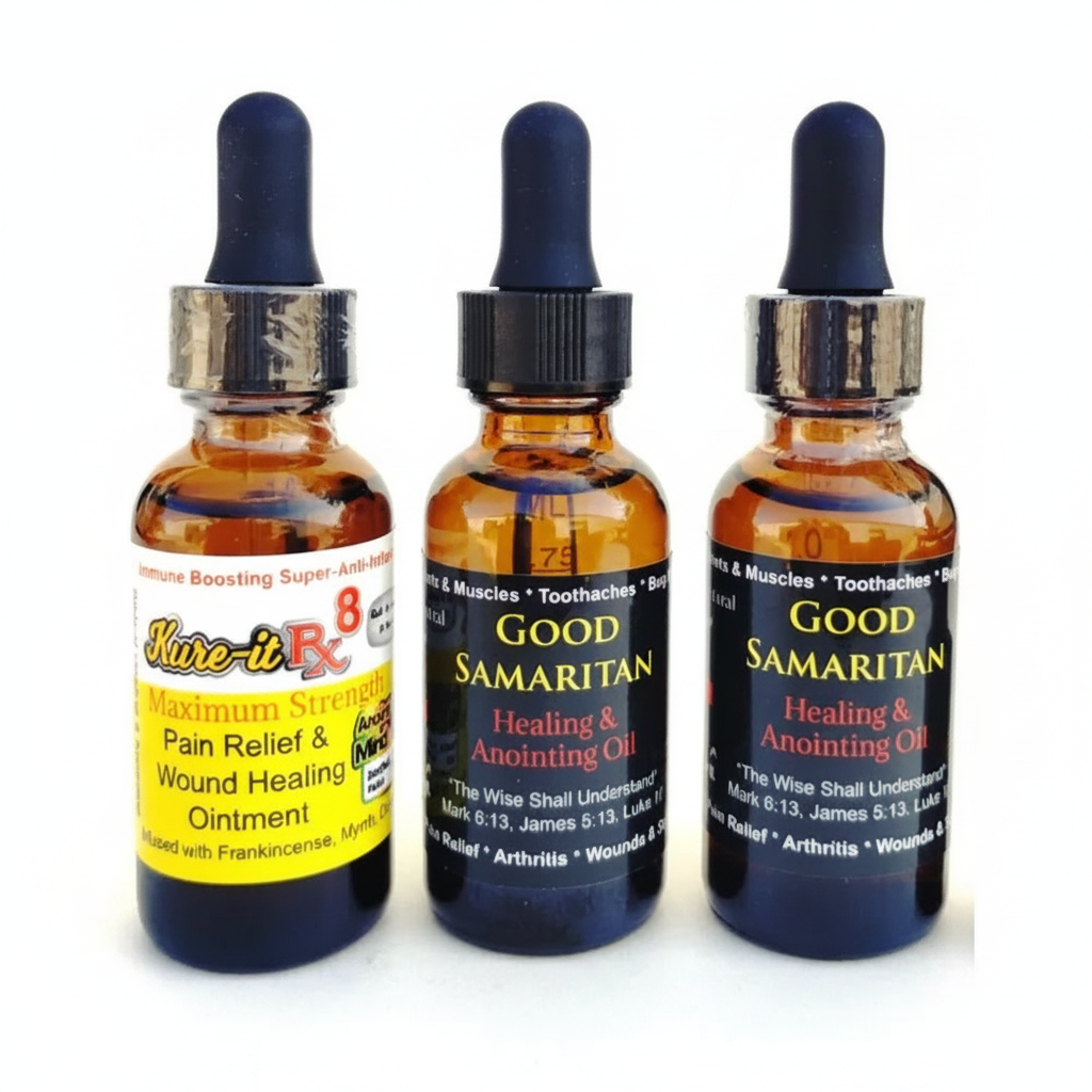 Three bottles of healing oils with labels on a white background