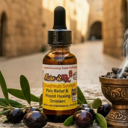 Bottle of tincture with olive branches and smoking incense on a stone ledge in an ancient alleyway.