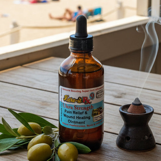 Bottle of healing oil with olives and a smoking device on a wooden surface with a beach view.