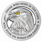 Silver coin with an eagle design and Bible verse text