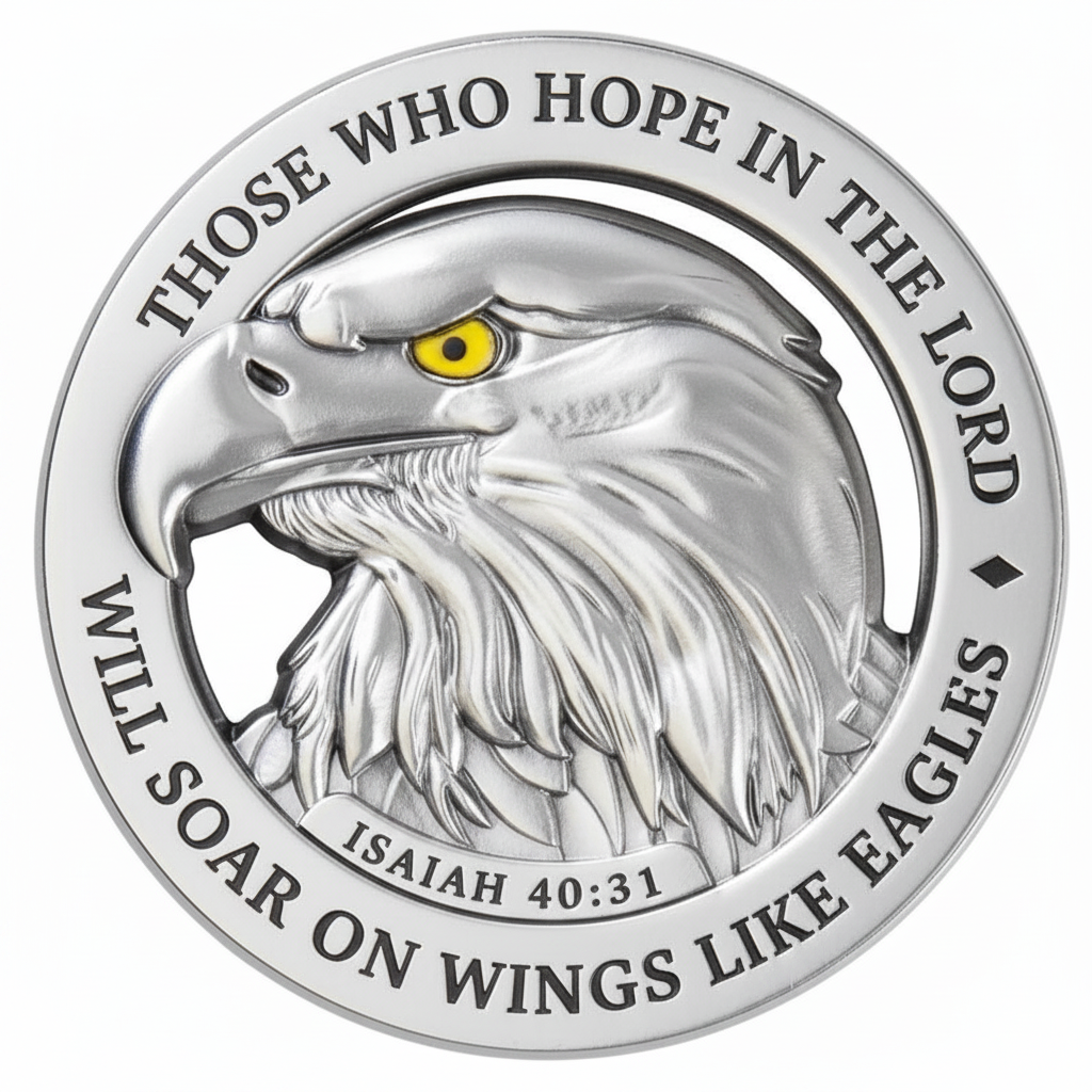 Silver coin with an eagle design and Bible verse text