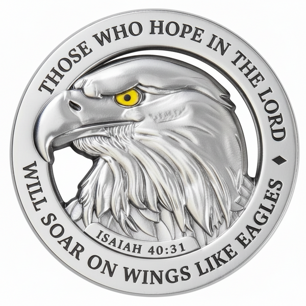 Silver coin with an eagle design and Bible verse text