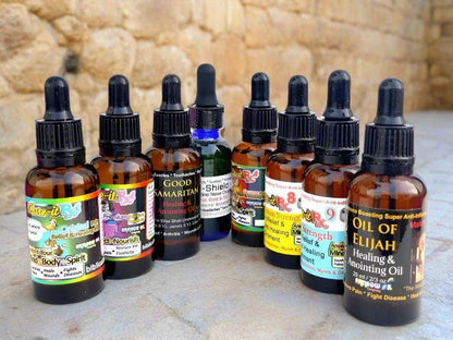Kure-it Biblical anointing oil bottles on a stone surface in Old city Jerusalem.