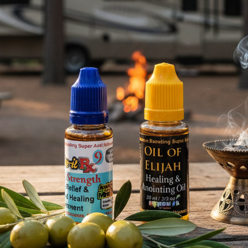 Two bottles of oil on a wooden table with a forest and RV in the background